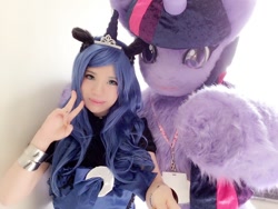 Size: 852x640 | Tagged: safe, artist:arue_07, artist:tashiroyu, character:princess luna, character:twilight sparkle, species:human, clothing, cosplay, costume, fursuit, horn, irl, irl human, japan ponycon, peace sign, photo, pony ears
