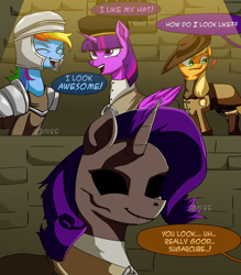 Size: 1748x1995 | Tagged: safe, artist:nire, character:applejack, character:rainbow dash, character:rarity, character:twilight sparkle, species:alicorn, species:pegasus, species:pony, species:unicorn, armor, clothing, dark souls, dialogue, female, hat, mare