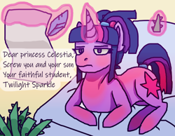 Size: 1800x1400 | Tagged: safe, artist:theedgyduck, character:twilight sparkle, character:twilight sparkle (unicorn), species:pony, species:unicorn, bed, dear princess celestia, female, letter, lying on bed, mare, on bed, ponytail, simple background, solo, sunburn, text