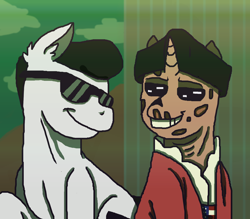 Size: 1600x1400 | Tagged: safe, artist:theedgyduck, species:earth pony, species:pony, species:unicorn, clothing, coat, crossover, deacon, duo, fallout, fallout 4, ghoul, hat, john hancock, male, ponified, sunglasses, undead
