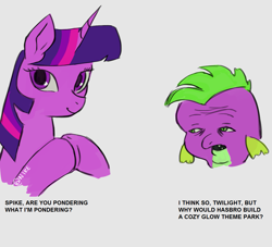 Size: 1129x1024 | Tagged: safe, artist:nire, edit, character:cozy glow, character:spike, character:twilight sparkle, dialogue, dick flattening, hasbro, meme, parody, pinkie and the brain, pinky and the brain, ponified meme, text, theme park, wojak