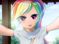 Size: 4000x3000 | Tagged: safe, artist:jeremywithlove, edit, editor:michaelsety, character:rainbow dash, species:human, my little pony:equestria girls, anime, clothing, color edit, cute, dashabetes, female, heart eyes, human coloration, humanized, light skin, light skin edit, looking at you, shirt, skin color edit, solo, wingding eyes