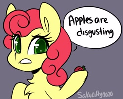 Size: 2048x1640 | Tagged: safe, artist:sakukitty, character:strawberry sunrise, species:pegasus, species:pony, episode:honest apple, g4, my little pony: friendship is magic, blatant lies, digital art, female, solo, tempting fate, that pony sure does hate apples
