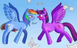 Size: 3281x2056 | Tagged: safe, artist:nire, character:rainbow dash, character:twilight sparkle, character:twilight sparkle (alicorn), species:alicorn, species:pegasus, species:pony, ship:twidash, bedroom eyes, blushing, duo, eye contact, female, flying, gasp, lesbian, looking at each other, mare, scared, shipping, smiling, spread legs, spread wings, spreading, wings