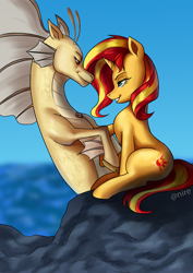 Size: 2480x3508 | Tagged: safe, artist:nire, character:adagio dazzle, character:sunset shimmer, species:pony, species:siren, species:unicorn, ship:sunsagio, g4, beach, bedroom eyes, eye contact, female, holding hooves, lesbian, looking at each other, mare, ocean, rock, shipping, sitting, smiling, smirk