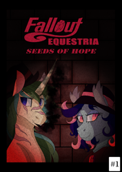 Size: 2339x3307 | Tagged: safe, artist:shirofluff, oc, oc:galaxy rose, oc:scorcher, species:bat pony, species:pony, species:unicorn, comic:seeds of hope, fallout equestria, 1950's, cigar, comic, cover art, fallout, fanfic, fanfic art, fanfic cover, foe, smoking, spotlight