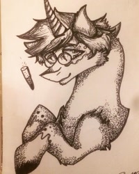 Size: 1080x1350 | Tagged: safe, artist:olyaandspid, species:pony, species:unicorn, bust, glasses, pencil, ponified, solo, traditional art, unshorn fetlocks
