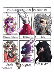 Size: 1536x2048 | Tagged: safe, artist:pearl123_art, character:princess cadance, species:alicorn, species:dragon, species:human, species:pony, g4, bust, charlie (hazbin hotel), chest fluff, clothing, collar, crossover, cynder, dorohedoro, dragoness, eyelashes, female, hazbin hotel, hollow knight, hornet, insect, mare, noi (dorohedoro), one eye closed, scp-1471, six fanarts, smiling, spyro the dragon (series), tongue out, wink