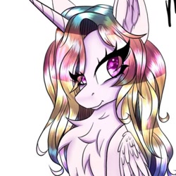 Size: 400x400 | Tagged: safe, artist:pearl123_art, oc, oc only, species:alicorn, species:pony, g4, alicorn oc, bust, chest fluff, ear fluff, eyelashes, female, horn, mare, multicolored hair, rainbow hair, simple background, smiling, solo, white background, wings