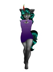 Size: 745x1024 | Tagged: safe, artist:pearl123_art, oc, parent:king sombra, parent:queen chrysalis, parents:chrysombra, species:anthro, species:changepony, species:pony, species:unguligrade anthro, species:unicorn, g4, breasts, clothing, curved horn, female, horn, hybrid, interspecies offspring, offspring, simple background, solo, unicorn oc, white background