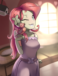 Size: 2525x3325 | Tagged: safe, artist:nookprint, character:fluttershy, species:bird, g4, my little pony:equestria girls, clothing, cute, dress, female, high res, one eye closed, shyabetes, smiling, solo