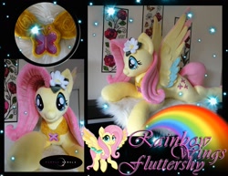 Size: 1280x990 | Tagged: safe, artist:purplenebulastudios, character:fluttershy, species:pony, g4, colored wings, element of kindness, irl, multicolored wings, photo, plushie, rainbow wings, solo, wings