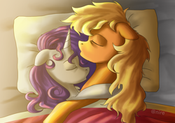 Size: 2480x1748 | Tagged: safe, artist:nire, character:applejack, character:rarity, species:earth pony, species:pony, species:unicorn, ship:rarijack, g4, bags under eyes, bed, cuddling, female, lesbian, mare, messy mane, pillow, shipping, sleeping, sleeping together, sunlight