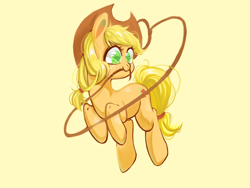 Size: 1600x1200 | Tagged: safe, artist:royal, character:applejack, species:earth pony, species:pony, g4, clothing, cowboy hat, female, hat, lasso, mare, mouth hold, orange background, rope, simple background, solo
