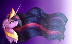 Size: 2048x1260 | Tagged: safe, artist:pearl123_art, character:twilight sparkle, character:twilight sparkle (alicorn), species:alicorn, species:pony, episode:the last problem, g4, my little pony: friendship is magic, bust, chest fluff, crown, crying, ear fluff, ethereal mane, female, galaxy mane, gradient background, jewelry, mare, peytral, princess twilight 2.0, regalia, solo, tiara