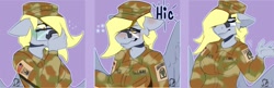Size: 1280x416 | Tagged: safe, artist:sintacle, character:derpy hooves, species:anthro, species:pegasus, species:pony, g4, army, bedroom eyes, clothing, commission, covering, digital art, drunk, emotes, eyes closed, female, floppy ears, glasses, hat, implied vomit, solo, spread wings, wings