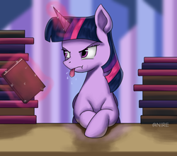 Size: 1748x1546 | Tagged: safe, artist:nire, character:twilight sparkle, character:twilight sparkle (alicorn), species:alicorn, species:pony, g4, book, crossed hooves, female, levitation, magic, magic aura, mare, raspberry, solo, telekinesis, tongue out