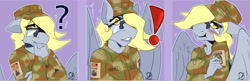 Size: 1280x416 | Tagged: safe, artist:sintacle, character:derpy hooves, species:anthro, species:pegasus, species:pony, g4, army, blushing, clothing, commission, digital art, emotes, exclamation point, female, floppy ears, glasses, hat, question mark, shocked, shocked expression, simple background, solo, spread wings, wings