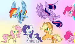 Size: 3180x1885 | Tagged: safe, artist:mysteryart716, character:applejack, character:fluttershy, character:pinkie pie, character:rainbow dash, character:rarity, character:twilight sparkle, character:twilight sparkle (alicorn), species:alicorn, species:earth pony, species:pegasus, species:pony, species:unicorn, g4, chest fluff, female, flying, fourth wall, grin, mane six, mare, now you're thinking with portals, pinkie being pinkie, portal, rearing, redraw, smiling, watermark