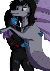 Size: 2480x3508 | Tagged: safe, artist:nire, species:siren, g4, my little pony:equestria girls, bring me the horizon, clothing, commission, duo, duo male, equestria girls-ified, fangs, fins, fish tail, hoodie, hooves, hug, jeans, kellin quinn, lip piercing, male, oliver sykes, paint stains, pants, piercing, ponified, scales, simple background, size difference, sleeping with sirens, transparent background