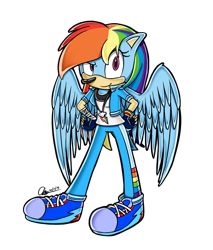 Size: 1258x1474 | Tagged: safe, artist:mysteryart716, part of a set, character:rainbow dash, species:anthro, species:plantigrade anthro, g4, clothing, cutie mark necklace, female, hedgehog, mobian, shoes, simple background, solo, sonic the hedgehog (series), sonicified, species swap, style emulation, transparent background, wings, yuji uekawa style