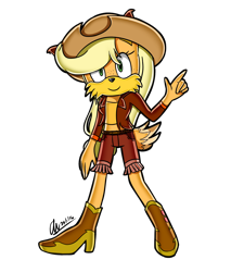 Size: 1258x1474 | Tagged: safe, artist:mysteryart716, part of a set, character:applejack, species:anthro, species:plantigrade anthro, g4, clothing, coyote, female, hat, mobian, shoes, simple background, solo, sonic the hedgehog (series), sonicified, species swap, style emulation, transparent background, yuji uekawa style