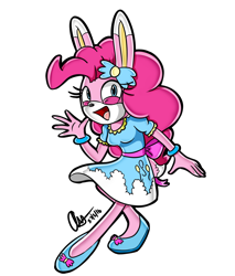 Size: 1258x1474 | Tagged: safe, artist:mysteryart716, part of a set, character:pinkie pie, species:anthro, species:plantigrade anthro, species:rabbit, g4, animal, bunnified, bunny pie, clothing, female, mobian, shoes, simple background, solo, sonic the hedgehog (series), sonicified, species swap, style emulation, transparent background, yuji uekawa style