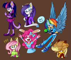 Size: 2399x2046 | Tagged: safe, artist:mysteryart716, character:applejack, character:fluttershy, character:pinkie pie, character:rainbow dash, character:rarity, character:twilight sparkle, species:anthro, species:fox, species:rabbit, g4, animal, bracelet, bunnified, bunny pie, cat, catified, chaos emerald, clothing, coyote, crossover, cutie mark necklace, dialogue, eyes closed, female, hat, hedgehog, jewelry, mane six, mobian, open mouth, question mark, shoes, smiling, sonic the hedgehog (series), sonicified, species swap, vixen, watermark, wings