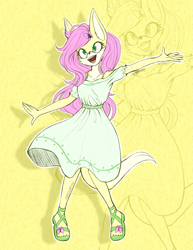 Size: 2149x2790 | Tagged: safe, artist:mysteryart716, part of a set, character:fluttershy, species:anthro, species:fennec fox, species:fox, species:plantigrade anthro, g4, clothing, dress, female, mobian, open mouth, sandals, smiling, solo, sonic the hedgehog (series), sonicified, species swap, zoom layer