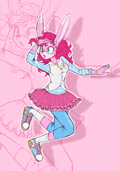 Size: 1884x2694 | Tagged: safe, artist:mysteryart716, part of a set, character:pinkie pie, species:anthro, species:plantigrade anthro, species:rabbit, g4, action pose, animal, bracelet, clothing, converse, female, jewelry, jumping, mobian, necktie, shirt, shoes, skirt, socks, solo, sonic the hedgehog (series), sonicified, species swap, vest, zoom layer