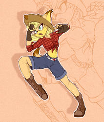 Size: 2261x2652 | Tagged: safe, artist:mysteryart716, part of a set, character:applejack, species:anthro, species:dog, species:plantigrade anthro, g4, action pose, boots, clothing, female, fingerless gloves, front knot midriff, gloves, hat, midriff, mobian, shoes, shorts, solo, sonic the hedgehog (series), sonicified, species swap, zoom layer
