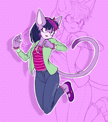 Size: 2292x2580 | Tagged: safe, artist:mysteryart716, part of a set, character:twilight sparkle, species:anthro, species:plantigrade anthro, g4, bracelet, cat, clothing, female, jacket, jeans, jewelry, mary janes, mobian, pants, shoes, solo, sonic the hedgehog (series), sonicified, species swap, zoom layer