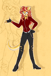 Size: 1999x3001 | Tagged: safe, artist:mysteryart716, part of a set, character:sunset shimmer, species:anthro, species:plantigrade anthro, g4, boots, bracelet, choker, clothing, female, fingerless gloves, gloves, jacket, jewelry, leather, leather boots, leather jacket, leather pants, mobian, otter, pants, shoes, solo, sonic the hedgehog (series), sonicified, species swap, zoom layer
