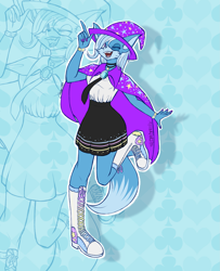 Size: 2205x2719 | Tagged: safe, artist:mysteryart716, part of a set, character:trixie, species:anthro, species:fox, species:plantigrade anthro, g4, boots, bracelet, cape, choker, clothing, converse, female, hat, jewelry, mobian, necktie, one eye closed, open mouth, shoes, skirt, solo, sonic the hedgehog (series), sonicified, species swap, trixie's cape, trixie's hat, zoom layer