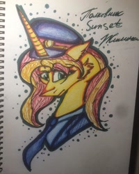 Size: 1080x1350 | Tagged: safe, artist:olyaandspid, character:sunset shimmer, species:pony, species:unicorn, g4, bust, clothing, female, hat, mare, necktie, police, solo, text, traditional art