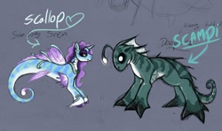 Size: 1280x756 | Tagged: safe, artist:drxii, oc, oc only, oc:scallop, species:pony, species:sea pony, species:siren, g4, digital art, horn, looking at each other, simple background