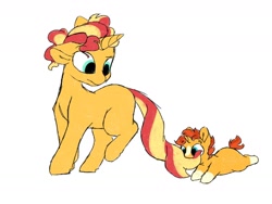 Size: 1280x960 | Tagged: safe, artist:doodletheexpoodle, character:sunburst, character:sunset shimmer, species:pony, species:unicorn, g4, baby, baby pony, biting, blank flank, brother and sister, colt, colt sunburst, female, filly, filly sunset shimmer, male, siblings, simple background, sunny siblings, tail bite, white background, younger