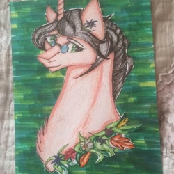 Size: 1080x1080 | Tagged: safe, artist:olyaandspid, species:pony, species:unicorn, g4, attack on titan, bust, chest fluff, flower necklace, glasses, grisha jaeger, ponified, solo, traditional art
