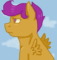 Size: 1400x1482 | Tagged: safe, artist:theedgyduck, character:scootaloo, species:pegasus, species:pony, g4, female, filly, frown, mare, simple background, solo