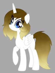 Size: 1215x1620 | Tagged: safe, artist:pearl123_art, base used, oc, oc only, species:alicorn, species:pony, g4, alicorn oc, eyelashes, gray background, horn, raised hoof, simple background, smiling, solo, wings