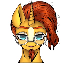 Size: 1200x1200 | Tagged: safe, alternate version, artist:pearl123_art, character:sunburst, species:pony, species:unicorn, g4, bust, colored, facial hair, glasses, goatee, male, messy mane, simple background, smiling, solo, stallion, white background
