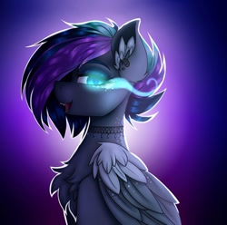 Size: 1080x1073 | Tagged: safe, artist:pearl123_art, oc, oc only, species:pegasus, species:pony, g4, abstract background, chest fluff, choker, ear fluff, ear piercing, female, mare, open mouth, pegasus oc, piercing, smiling, solo, sombra eyes, wings