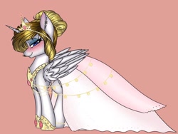 Size: 1620x1215 | Tagged: safe, artist:pearl123_art, oc, oc only, species:alicorn, species:pony, g4, alicorn oc, blushing, clothing, dress, female, hoof shoes, horn, jewelry, mare, peytral, pink background, simple background, smiling, solo, tiara, wedding dress, wings