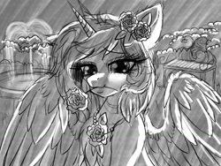 Size: 1024x768 | Tagged: safe, artist:pearl123_art, oc, oc only, oc:pearl, species:alicorn, species:pony, g4, alicorn oc, eyelashes, female, flower, flower in hair, flower in mouth, grayscale, horn, mare, monochrome, mouth hold, solo, spread wings, wings