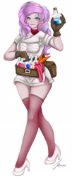Size: 1280x3139 | Tagged: safe, artist:jennobasilicum, character:potion nova, species:eqg human, g4, my little pony:equestria girls, my little pony:pony life, bag, belt, bottle, breasts, carrot, clothing, equestria girls-ified, female, food, gloves, high heels, potion, potions, shirt, shoes, simple background, skirt, sleeveless, sleeveless sweater, socks, solo, stockings, sweater, thigh highs, tongue out, white background