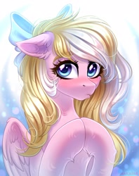 Size: 1625x2048 | Tagged: safe, artist:hakaina, oc, oc only, oc:bay breeze, species:pegasus, species:pony, g4, blushing, bow, bust, cute, female, hair bow, looking at you, mare, portrait, pouting, solo