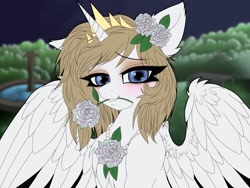 Size: 2048x1536 | Tagged: safe, alternate version, artist:pearl123_art, oc, oc only, oc:pearl, species:alicorn, species:pony, g4, alicorn oc, eyelashes, female, flower, flower in hair, flower in mouth, horn, mare, mouth hold, solo, spread wings, wings