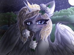 Size: 1620x1215 | Tagged: safe, alternate version, artist:pearl123_art, oc, oc only, oc:pearl, species:alicorn, species:pony, g4, alicorn oc, eyelashes, female, flower, flower in hair, flower in mouth, full moon, horn, mare, moon, mouth hold, night, solo, spread wings, stars, wings