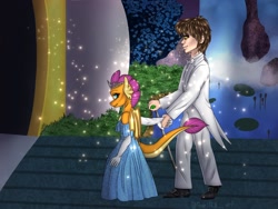 Size: 2048x1536 | Tagged: safe, artist:pearl123_art, character:smolder, oc, species:dragon, species:human, fanfic:the lost element, g4, bow tie, buckled shoes, cane, canon x oc, canterlot castle, clothing, dragoness, drawbridge, dress, duo, ear piercing, earring, evening gloves, female, folded wings, gem, gloves, grass, holding hands, horns, interspecies, jewel, jewelry, lily pad, long gloves, male, piercing, rock, romantic, shoes, sitting, slacks, straight, suit, tail, tailcoat, tiara, tomboy taming, walking stick, waterfall, wedding dress, white tuxedo, wings