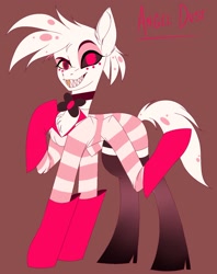 Size: 1258x1585 | Tagged: safe, artist:pearl123_art, species:pony, g4, angel dust, clothing, grin, hazbin hotel, heterochromia, male, multiple limbs, ponified, smiling, solo